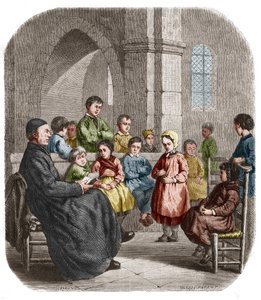 Le cathechisme, gravure uit 1860 naar het schilderij van Henriette Browne (Mme Jules de Saux, alias) (geboren Henriette Sophie de Bouteiller) (1829-1901)