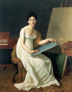 Portret van de kunstenaar, gekleed in een witte jurk en met een schetsboek door Henriette Lorimier