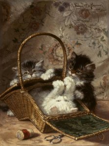 Jonge katten met een naaikorf door Henriëtte Ronner Knip