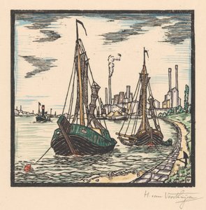 Aangemeerde vissersboten door Henriëtte van Hove (signed by artist)