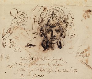 Mevrouw Fuseli met een uitgebreide hoofdtooi en studies van een oog, mond en torso door Johann Heinrich Füssli
