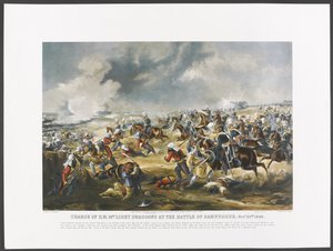 Aanval van H.M. 14e Lichte Draken bij de Slag om Ramnuggur, 22 november 1848, gegraveerd door J. Harris, c.1851 door Henry (after) Martens