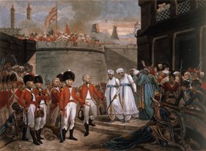 De overgave van twee zonen van Tippoo Sahib (1749-99) als gijzelaars ter vergoeding van de oorlog tegen Groot-Brittannië
