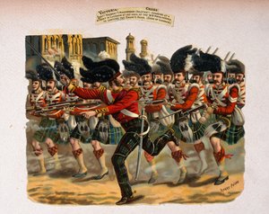Luitenant Herbert T. Macpherson die een straat in Lucknow oprent aan het hoofd van de 78e Highlanders, uit een serie getiteld 