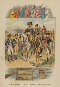 Vlaggen, uniformen, valuta en wapens van de Amerikaanse Revolutie (chromolitho) door Henry Alexander (after) Ogden