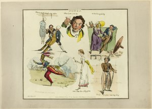 Plaat van illustraties tot populaire liedjes door Henry Alken
