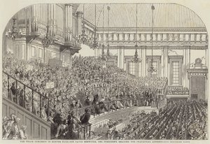 Het vredescongres in Exeter Hall, Sir David Brewster, de president, leest de inaugurele rede door Henry Anelay