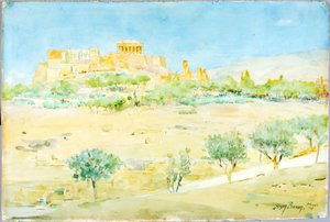 Algemeen zicht op de Akropolis bij zonsondergang