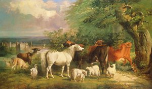 Haddon Hall met Schapen, Vee, een Hert en een Pony