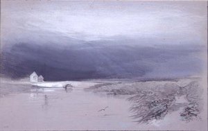 Landschap met rivier en brug: regen komt op door Henry Bright