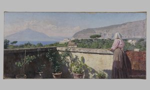 Vrouw op het terras van het Cocumella Hotel. Uitzicht op Vesuvius