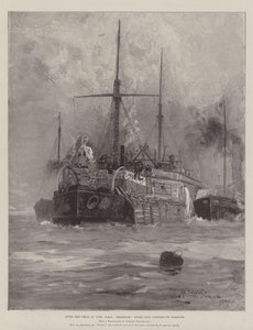 Na haar vuurproef, HMS Belleisle gesleept naar de haven van Portsmouth