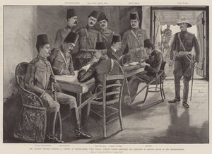 De opmars naar Dongola, een raad op het hoofdkwartier, Wady Halfa, Kapitein Watson rapporteert de ontdekking van Dervish-sporen in de buurt door Henry Charles Seppings Wright