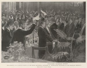 Het banket voor M Santos Dumont in het Hotel Metropole, 25 november, enthousiaste ontvangst van de Braziliaanse luchtvaartpionier door Henry Charles Seppings Wright