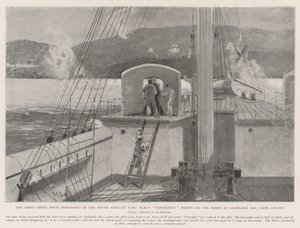 De eerste schoten vanaf een schip in de Zuid-Afrikaanse Oorlog, HMS Partridge vuurt op de Boeren bij Saldanha Bay, Kaapkolonie door Henry Charles Seppings Wright