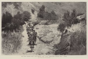 De opstand aan de Indiase grens, Kamp Sheranni, Tochi-vallei, Hooglanders marcheren door een kloof door Henry Charles Seppings Wright