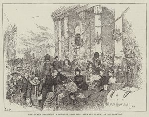 De koningin ontvangt een boeket van mevrouw Stewart Clark, in Blythswood door Henry Charles Seppings Wright