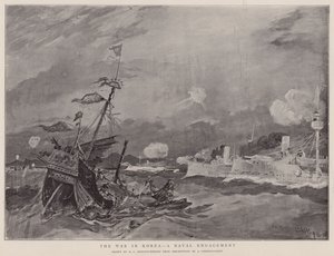 De oorlog in Korea, een zeeslag (litho) door Henry Charles Seppings Wright