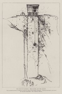 Twee manieren om Meteora te beklimmen, de ladder en de mand door Henry Charles Seppings Wright