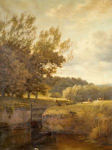 Boslandschap met jongen die vist in een sluis door Henry Cheadle