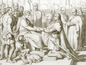 Hoe Hereward binnenkwam bij de koning (gravure) door Henry Courtney (after) Selous