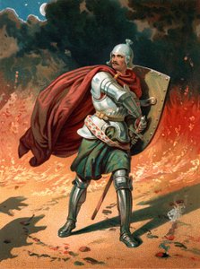 Christian, de pelgrim van de titel, in gevecht met Apollyon, de Vernietiger, de Engel van de Bodemloze Put