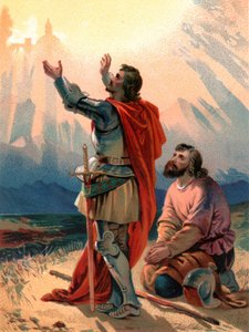 Christian, de pelgrim van de titel, knielt in verwondering terwijl hij en zijn metgezel de Heilige Stad zien