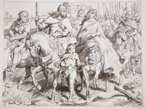 Hereward beschermt Alftruda naar een veilige plaats, illustratie uit Hereward the Great door Charles Kingsley, gegraveerd door C.G. Lewis door Henry Courtney Selous