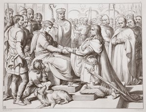 Hoe Hereward bij de koning kwam, illustratie uit Hereward the Great door Charles Kingsley, uitgegeven 1870, gegraveerd door C.G. Lewis door Henry Courtney Selous