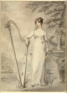 Volledig portret van "Miss V. Dupuis" rustend met haar arm op een harp. Op de achtergrond een fontein en een landschap met herten door Henry Edridge