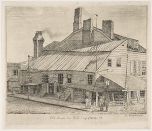 Oud Huis, Hoek van Peck Slip en Water Street uit Scènes van Oud New York, 1870