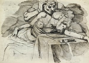 Een Vrouw die Flauwvalt aan een Schrijftafel, met een Dreigende Figuur erachter door Johann Heinrich Füssli