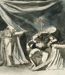 Een oude vrouw met een rozenkrans die een zittende man vervloekt; Mogelijk koningin Margaret die de hertog van Gloucester vervloekt door Johann Heinrich Füssli
