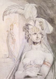 Halve Figuur van een Courtisane met Veren, een Strik en een Sluier in haar Haar door Johann Heinrich Füssli