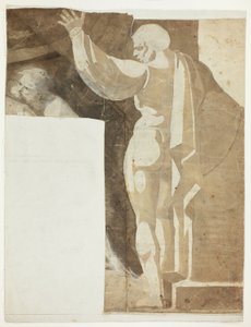 Mannelijke figuur met opgeheven linkerarm gezien van achteren, en fragment van oude man