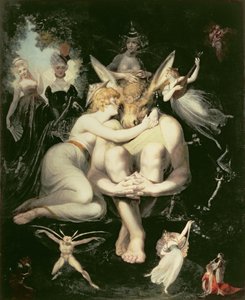 Titania ontwaakt, omringd door dienende feeën, klampt zich extatisch vast aan Bottom, die nog steeds het ezelskop draagt, 1793-4 door Johann Heinrich Füssli