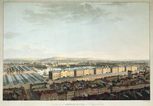 Een Uitzicht op de Londense Dok vanaf St. Georges-in-the-East, gegraveerd door Daniel Havell, uitgegeven door T. Clay, 1816