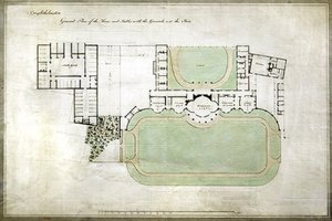 Brighthelmstone, of Brighton Pavilion - algemeen plan van huis en stallen met gronden, toont uitbreiding door architect Henry Holland (1745-1806), ca. 1801 door Henry Holland