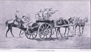 Een veldtelegraafkar, uit Na Pretoria: De Guerrillaoorlog gepubliceerd door Harmsworth Bros Limited, 1901 door Henry Inglis Jodrel Sheldon Williams