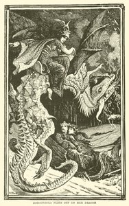 Gorgonzola vliegt weg op haar draak (gravure) door Henry Justice Ford
