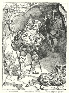 "In een grot. Vonden de soldaten. Vazen van puur goud" (litho)