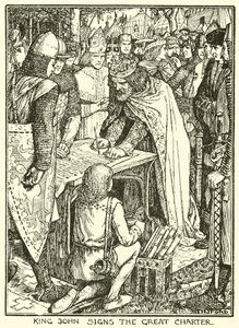 Magna Carta. Koning Jan ondertekent de Grote Oorkonde (gravure) door Henry Justice Ford