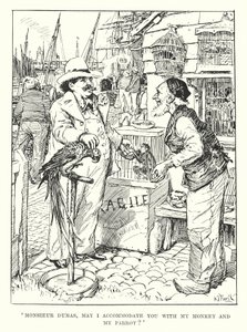 Monsieur Dumas, mag ik u mijn aap en mijn papegaai aanbieden? (gravure) door Henry Justice Ford