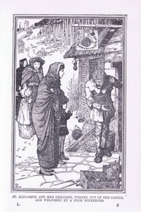 Sint Elizabeth en haar kinderen, uit het kasteel gezet en verwelkomd door de arme herbergier, 1912 door Henry Justice Ford