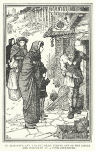 St. Elizabeth en haar kinderen, uit het kasteel gezet, worden verwelkomd door een arme herbergier door Henry Justice Ford