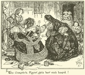 De Camarera Mayor krijgt een oorvijg! (gravure) door Henry Justice Ford