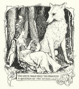 De witte wolf stelt de prinses een vraag in het bos (gravure)