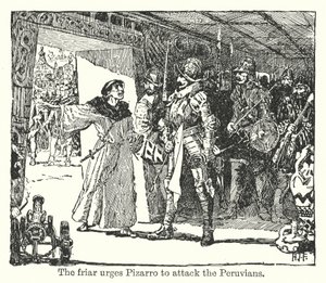De broeder spoort Pizarro aan om de Peruanen aan te vallen (litho)
