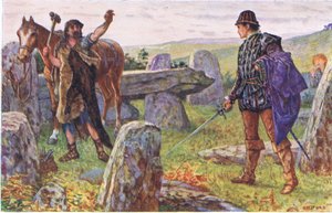 Tresilian confronteert de mysterieuze hoefsmid, illustratie uit Kenilworth, ca. 1910 door Henry Justice Ford