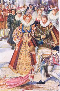 Walter Raleigh offert zijn mantel op voor koningin Elizabeth, illustratie uit Kenilworth, ca. 1910 door Henry Justice Ford